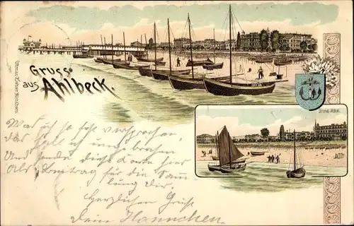 Litho Ostseebad Ahlbeck Heringsdorf auf Usedom, Strandhotel, Fischerboote