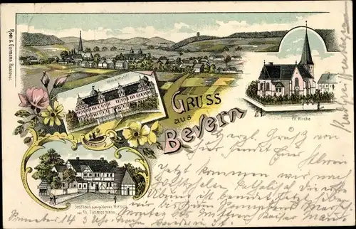 Litho Bevern im Weserbergland, Gasthaus zum goldenen Hirsch, Wilhelmstift, ev. Kirche