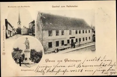 Ak Gröningen Sachsen Anhalt, Marktplatz, Stadtkirche, Gasthof zum Ratskeller, Kriegerdenkmal