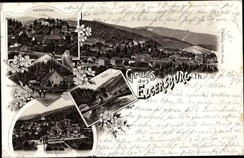 Litho Elgersburg in Thüringen, Mühle, Kurhäuser, Blick auf den Ort