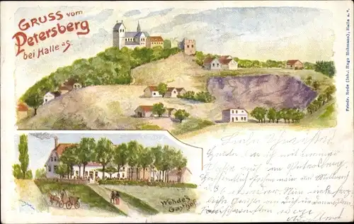Künstler Litho Petersberg im Saalekreis, Panorama, Wehde's Gasthof