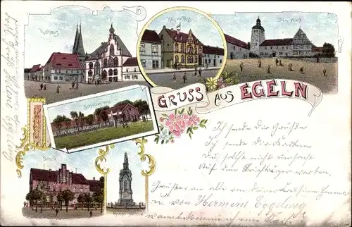 Litho Egeln Sachsen Anhalt, Rathaus, Schützenhaus, Domamt, Post, Schule, Kriegerdenkmal