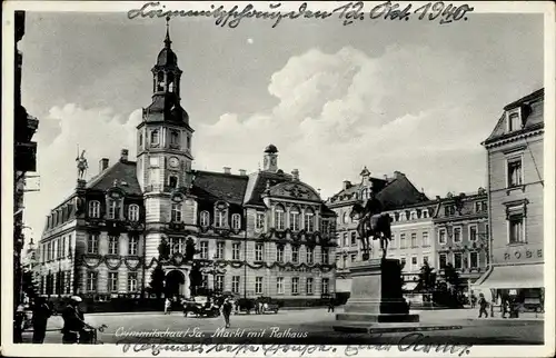 Ak Crimmitschau Sachsen, Markt mit Rathaus u. Denkmal