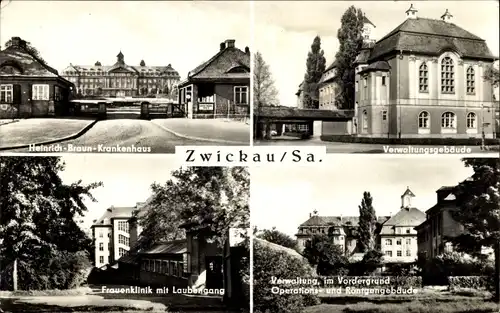 Ak Zwickau in Sachsen, Heinrich Braun Krankenhaus, Verwaltungsgebäude, Frauenklinik m. Laubengang