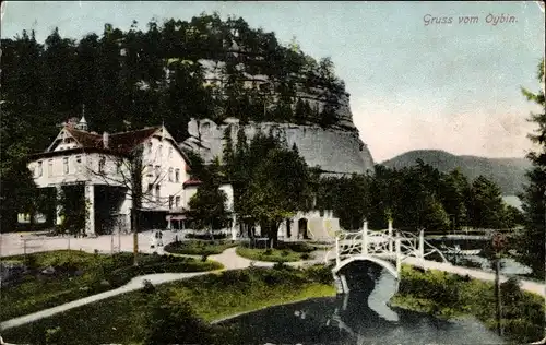 Ak Oybin in der Oberlausitz, Brücke, Villa, Felswand