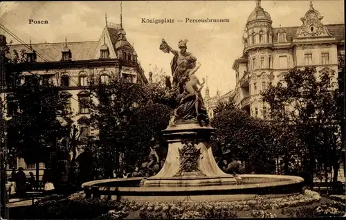 Ak Poznań Posen, Königsplatz, Perseusbrunnen