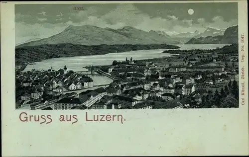 Mondschein Litho Luzern Stadt Schweiz, Blick über Stadt und See zum Rigi