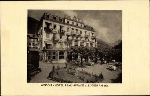 Ak Weggis Kanton Luzern, Hotel Beau Rivage, Löwen am See