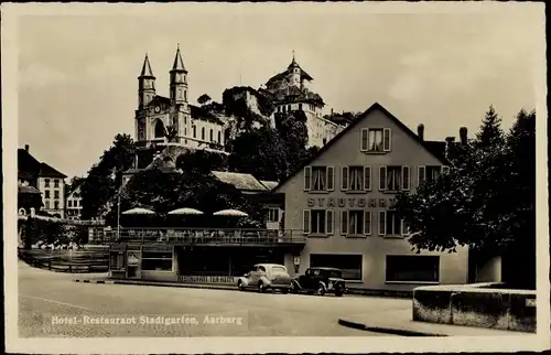 Ak Aarburg Kanton Aargau, Hotel Restaurant Stadtgarten, Kirche, Burg