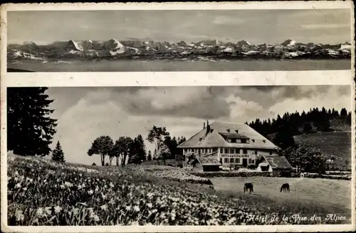 Ak La Chaux de Fonds Kanton Neuenburg, Hôtel Vue des Alpes, Gebäudeansicht, Bergpanorama