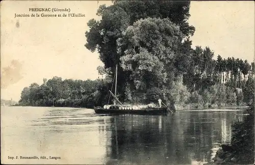 Ak Preignac Gironde, Jonction de la Garonne et de l'OEuillot