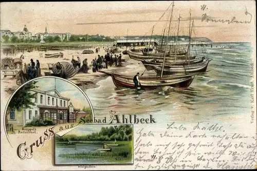 Litho Ostseebad Ahlbeck Heringsdorf Usedom, Strand, Fischerboote, Knüppels Restaurant, Wolgastsee