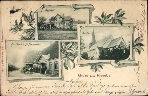 Ak Rieseby in Schleswig Holstein, Bahnhof, Kirche, Gasthaus H. Siemsen
