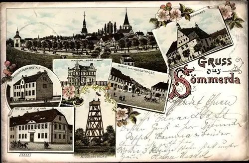 Litho Sömmerda in Thüringen, Rathaus, Postamt, Präparandenanstalt, Hotel zum Schwan, Markt, Turm