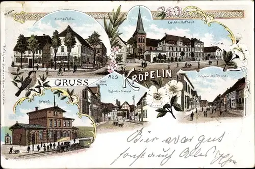 Litho Kröpelin in Mecklenburg, Haases Hotel, Bahnhof Gleisseite, Rostocker Straße, Lindenhof