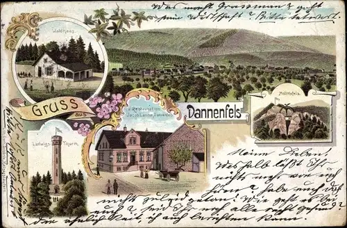 Litho Dannenfels am Donnersberg Pfalz, Waldhaus, Ludwigsturm, Restauration, Moltkefels
