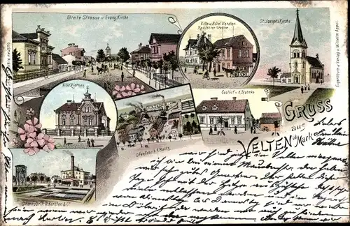 Litho Velten in der Mark, Breite Straße, Hotel Kersten, Villa Ziethen, Ofenfabrik Baltz, Gasthof