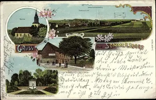 Litho Sommersdorf Sachsen Anhalt, Kirche, Gasthof Deutsches Haus, Gneisenau Denkmal