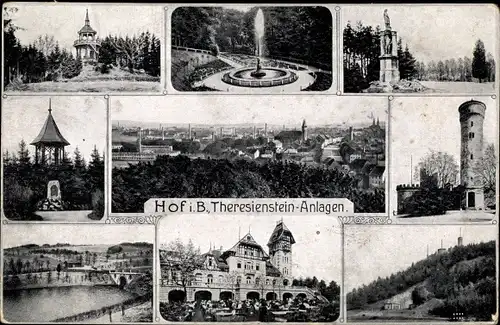 Ak Hof an der Saale Oberfranken Bayern, Theresienstein Anlagen, Aussichtsturm, Denkmal, Gaststätte