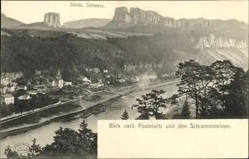 Ak Postelwitz Bad Schandau, Blick auf den Ort und die Schrammsteine