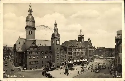 Ak Chemnitz, Markt mit Autos und Strassenbahn