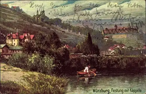 Künstler Ak Würzburg am Main Unterfranken, Festung Marienberg mit Käppele, Ruderboot
