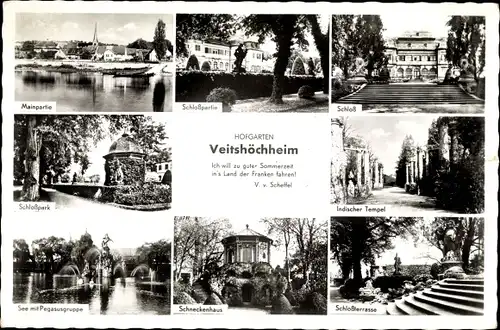 Ak Veitshöchheim in Unterfranken, schloss, Schneckenhaus, Mainpartie, Indischer Tempel