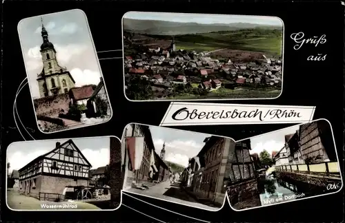 Ak Oberelsbach in der Röhn Unterfranken, Gesamtansicht, Kirche, Wassermühlrad, Straßenpartie