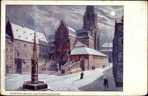 Mondschein Ak Aschaffenburg in Unterfranken, Stiftskirche im Winter, Brunnen