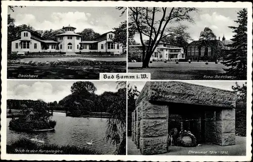 Ak Hamm in Westfalen, Kur- und Badehaus, Ehrenmal, Teich