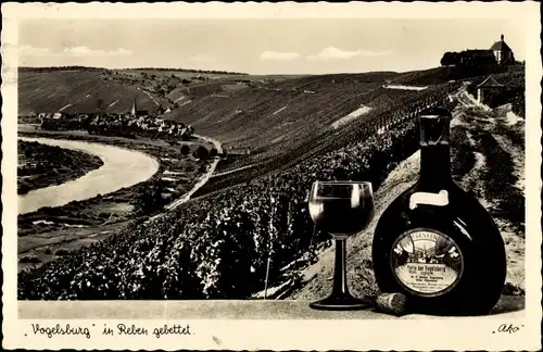 Ak Vogelsburg Volkach in Unterfranken, Totalansicht, Weinreben, Weinflasche