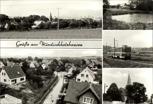 Ak Windischholzhausen Erfurt in Thüringen, Stadtansichten, Straßenbahnzug, Kirche, Fischteich