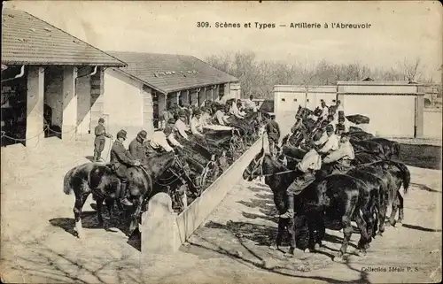 Ak Scenes et Types, Artillerie a l'Abreuvois, französische Soldaten, Reiter