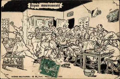 Ak Repas mouvemente, Scenes Militaires, französische Soldaten