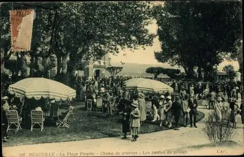 Ak Deauville Calvados, la Plage Fleurie, Champs des Courses, les jardins du pesage