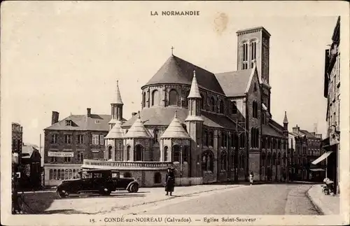 Ak Condé sur Noireau Calvados, Église Saint Saveur, Automobile