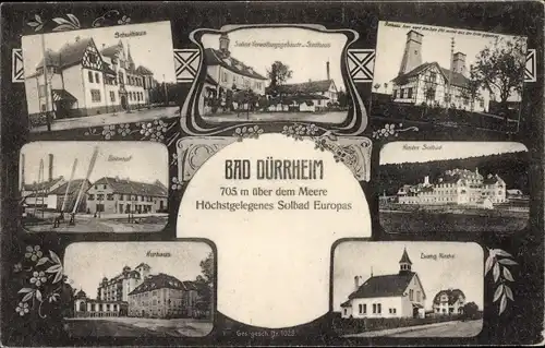 Ak Bad Dürrheim im Schwarzwald, Kirche, Kurhaus, Schulhaus, Bahnhof, Kindersolbad