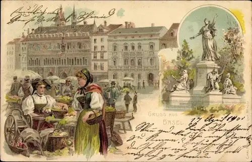 Litho Bâle Basel Stadt Schweiz, Marktplatz, Denkmal, Frauen in Trachten