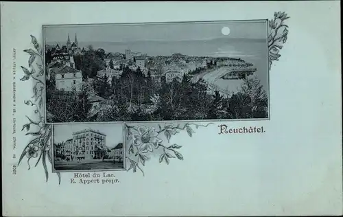 Mondschein Ak Neuchâtel Neuenburg Stadt, Hotel du Lac, Blick auf den Ort