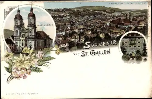 Litho Sankt Gallen Stadt Schweiz, Stiftskirche, Karlstor, Blick auf den Ort