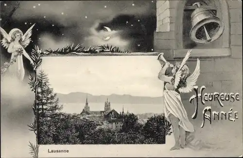 Passepartout Ak Lausanne Kanton Waadt, Glückwunsch Neujahr, Engel, Glocke, Blick auf den Ort