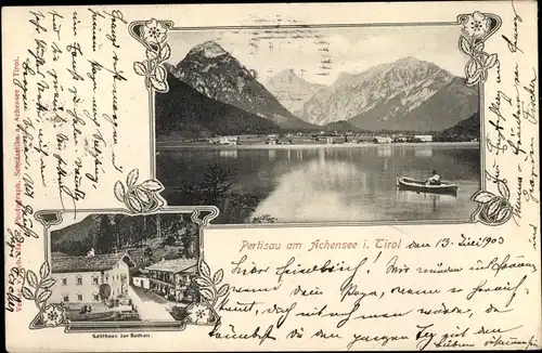 Ak Pertisau Eben am Achensee in Tirol, Gasthaus zur Bachau, Ruderboot auf dem See