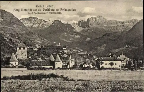 Ak Bozen Bolzano Südtirol, Burg Maretsch und Gerstburg mit Rosengarten, Wassermauer