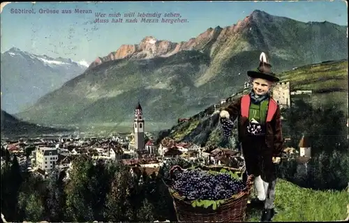 Ak Meran Merano Südtirol, Panorama der Stadt, Kind in Tracht