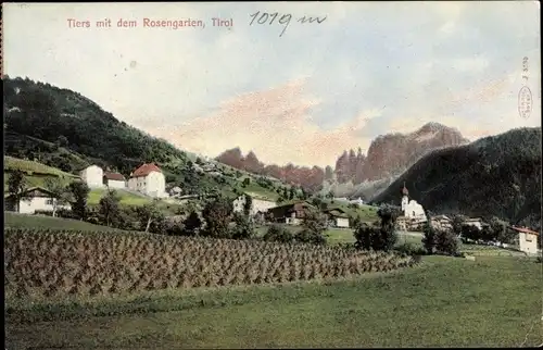 Ak Tiers Tires Südtirol, Ortsansicht mit Rosengarten