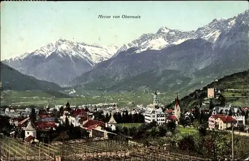 Ak Obermais Meran Merano Südtirol, Blick auf den Ort