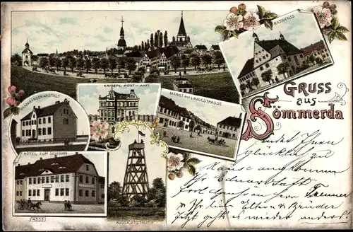 Litho Sömmerda in Thüringen, Rathaus, Postamt, Präparandenanstalt, Hotel zum Schwan, Markt, Turm