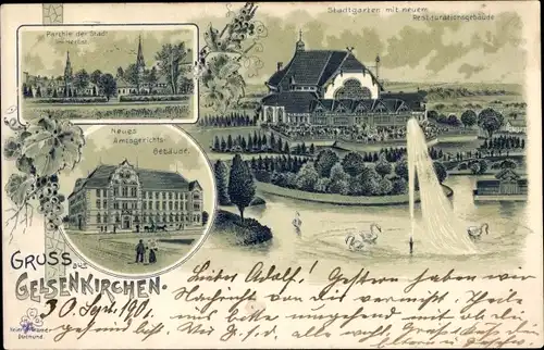 Litho Gelsenkirchen im Ruhrgebiet, Amtsgericht, Stadtgarten, Herbst, Stadtpanorama