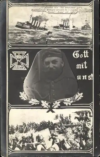 Ak Deutsches U Boot, U 9 vernichtet 3 englische Panzerkreuzer, deutscher Soldat in Uniform, Portrait