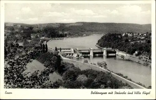 Ak Essen im Ruhrgebiet, Baldeneysee, Stauwerke, Villa Hügel